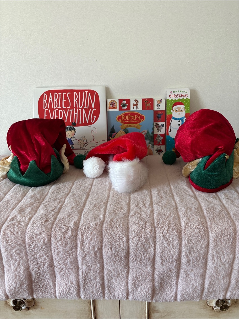 Kids Books and Christmas Santa & Elf Hat Set - Red and Green